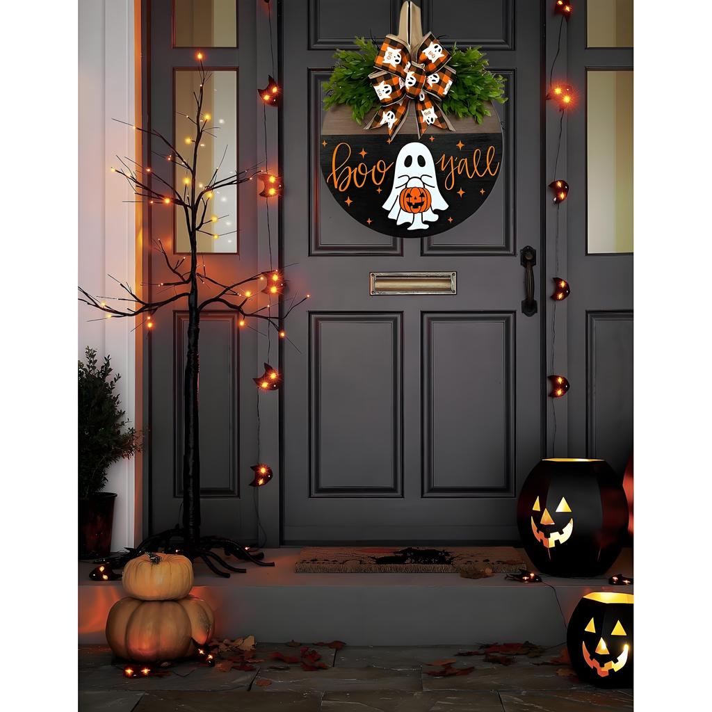 Halloween Door Sign with Cute Ghost Design | Wooden Wreath with Bow for Porch Decor | Farmhouse Style Front Door Welcome Hanger
