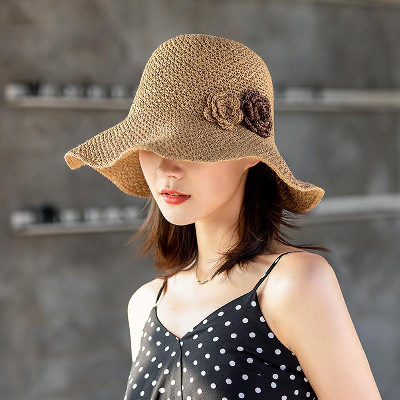 Women Handmade Floral Woven Straw Hat Wide Brim Breathable Foldable Outdoor Beach Travel Sun Shade Cap