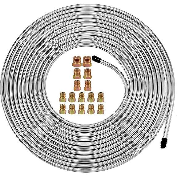 MuHize Upgraded Brake Line Tubing Kit - 25 Ft. Of 3/16 Copper Coated Flexible Tube, Roll 25 Ft 3/16" (Includes 16 Fittings)