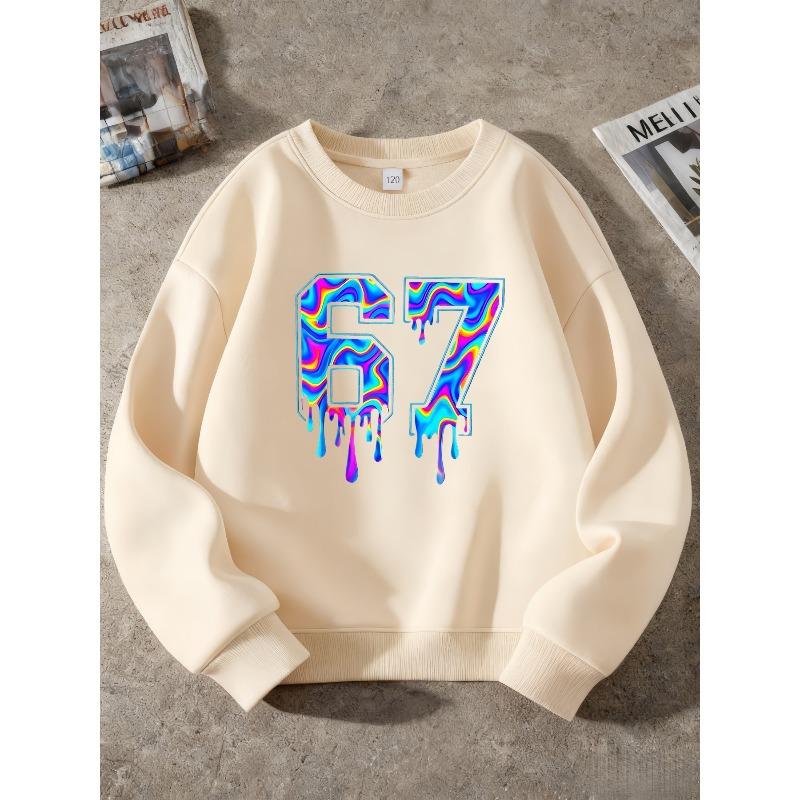 Kids Sweatshirt Over 4Y Unisex Boys Girls Holographic Rainbow Drip Number 67 Graphic Crewneck Soft Long Sleeve Pullover For 4-12 Years Old Children