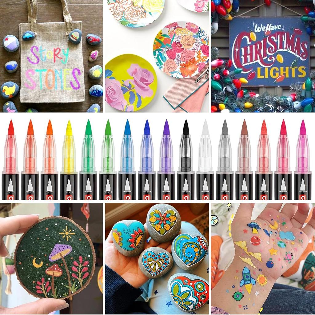 Brush Tip Acrylic Paint Pens-24 Colors Acrylic Paint Markers Calligraphy Art Markers for Lettering,Card Making,Rock painting,Stone, Ceramic, Glass,