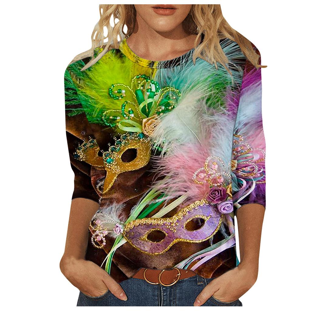 Long Sleeved Glamorous Mask Patterned Top Carnival Themed Printed Women's T-shirts