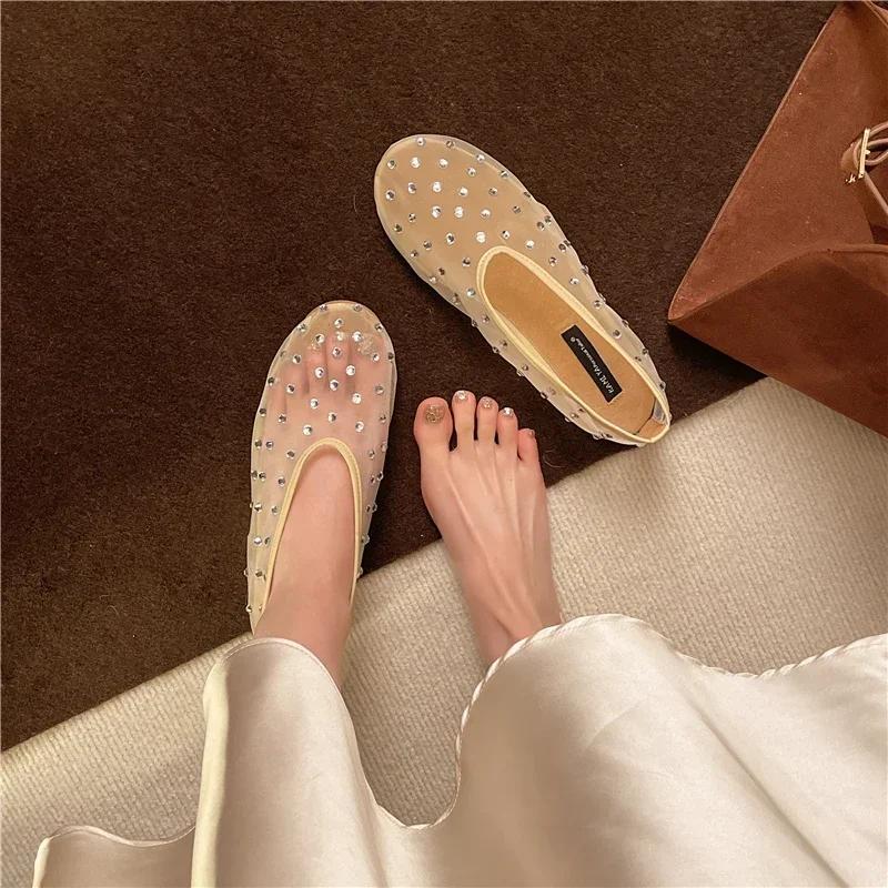 Womens Crystal Rivet Mesh Sandals Light Breathable Flat Mules Fashion Comfort Elegant Loafers Summer Shoes Daily Casual