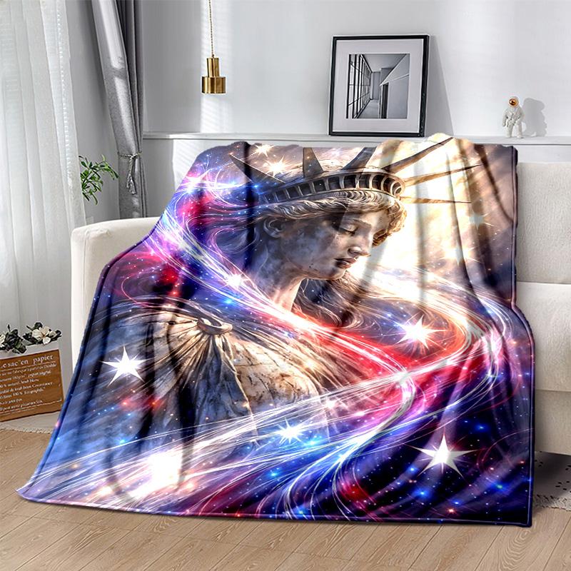 1pc Statue Liberty Stars Flannel Blanket Soft Warm Throw Blanket for Bedroom Living Room Bed Travel Camping Picnic Gift. M07220169