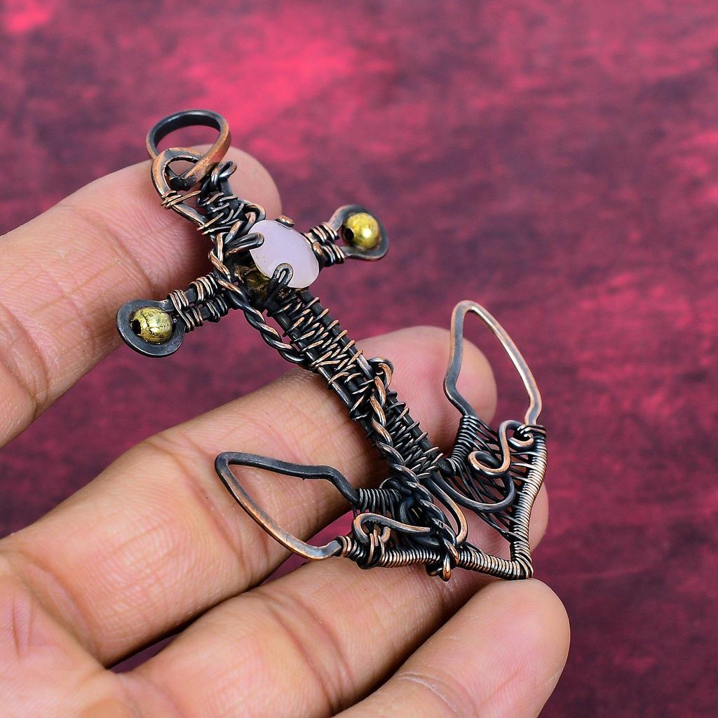 Faceted Pink Chalcedony Pendant Natural Gemstone Pendant Copper Wire Wrapped Anchor Pendant