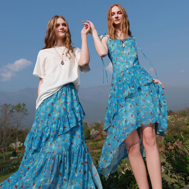 SanCai Summer 2026 High-Waist Floral A-Line Chiffon Skirt