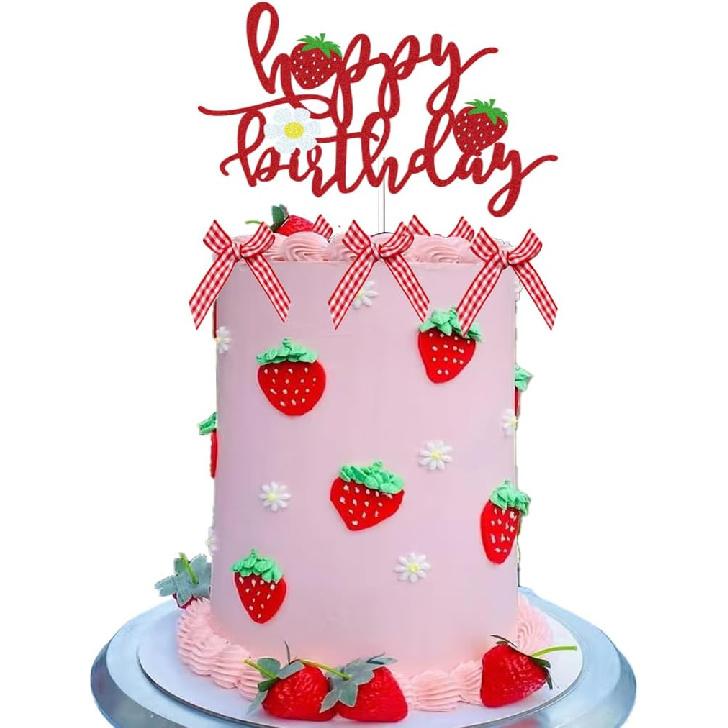 Strawberry Happy Birthday Cake Topper with Bows for Strawberry Shortcake Vintage Cake