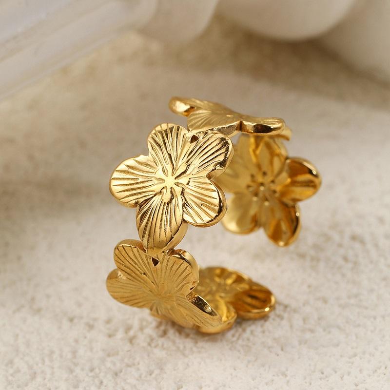Stainless Steel Metal Hollow Flower Open Ring For Women Minimalist Gold Color Irregular Geometric Adjustable Finger Ring Jewelry