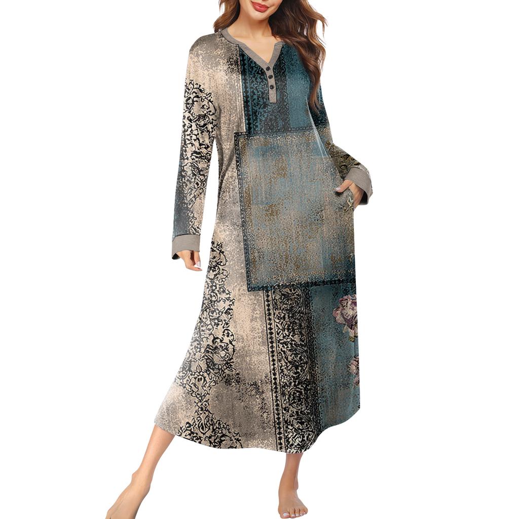 Women's Nightgown Long Loungewear V-neck Nightdress With Pockets