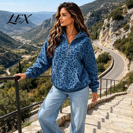 Kadın Oversize Sweatshirt Leopar Desenli Kapüşonlu, Yarım Fermuarlı Kapüşonlu Kanguru Cep Cepli, Sonbahar Uzun Kollu Günlük Kazak Üst İlkbahar Sonbahar