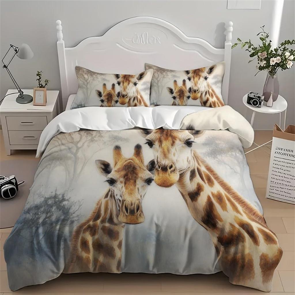 Giraffe Cartoon Style Print Bedding Set Double, Microfiber Quilt Cover with Zipper and Pillowcases, Kids Boys Teens Room Decor