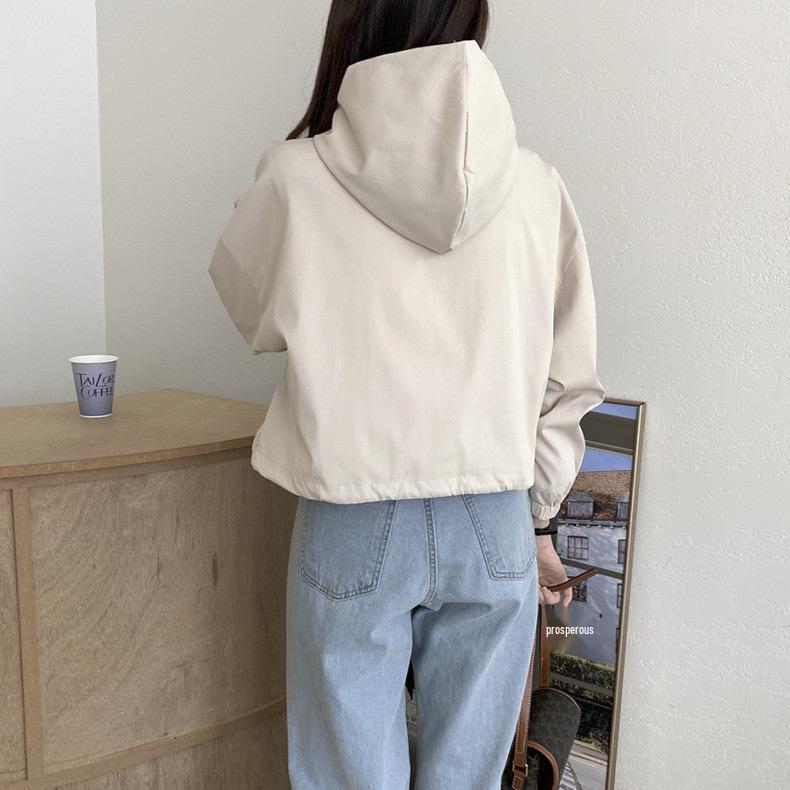 Autumn Vintage Korean Hooded Zipper Casual Solid Color Long Sleeve Jacket for Women
