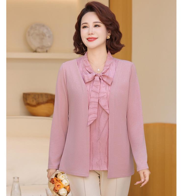 Mom spring and autumn knitted bottoming shirt spring top fashion fake two-piece fashion year-old women's clothing