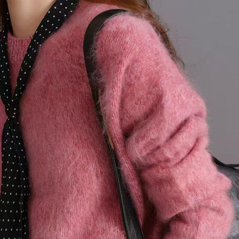 Korean Red Heather Yarn Plush Cashmere Wool Blend Sweater, Round Neck, Loose Fit