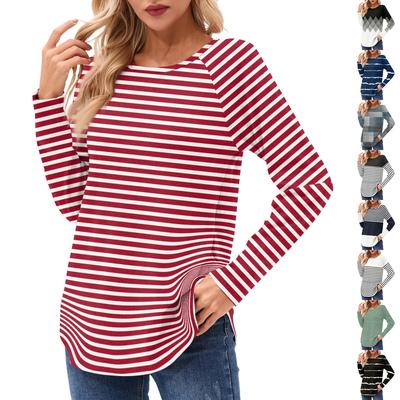Koszule z długim rękawem damskie, casualowa moda, paski, tuniki, luźny T-shirt z okrągłym dekoltem