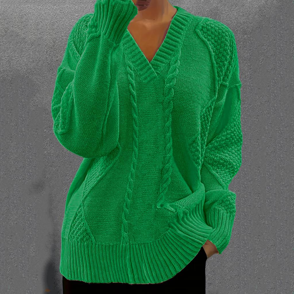 Women's Fashion Casual V-neck Twill Knitted Sweater Long-sleeve Top