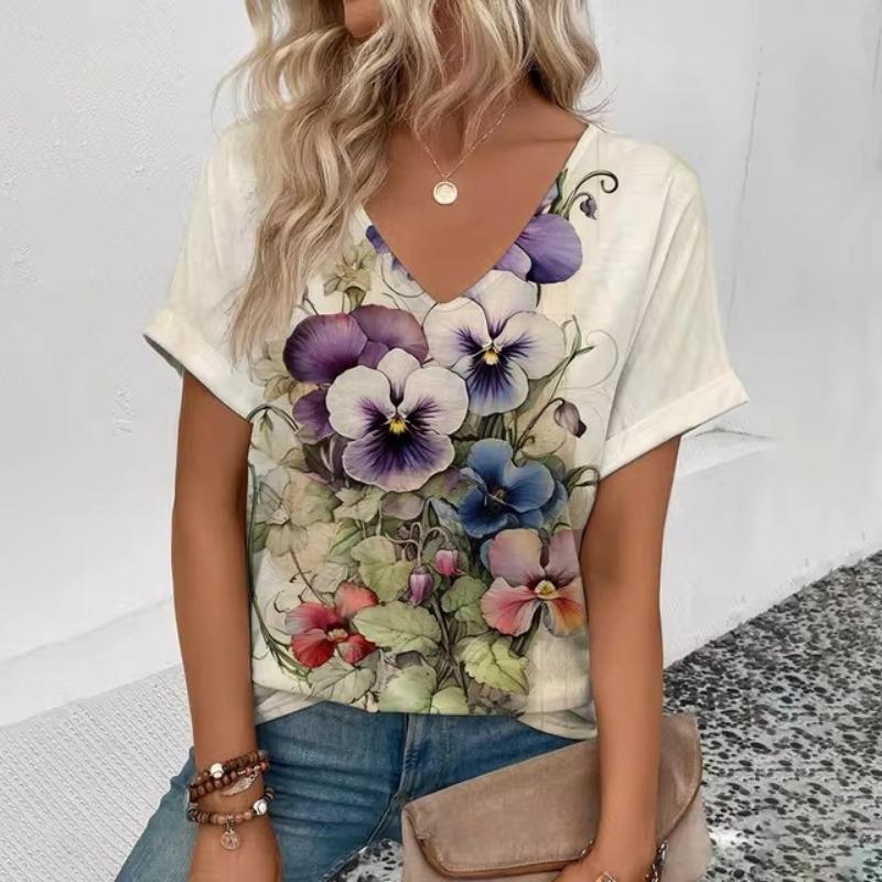 Dam V-ringad T-shirt Retro Elegant Blommönster Mode Tryck T-shirt Sommar Fritid Dam Populär Kortärmad T-shirt