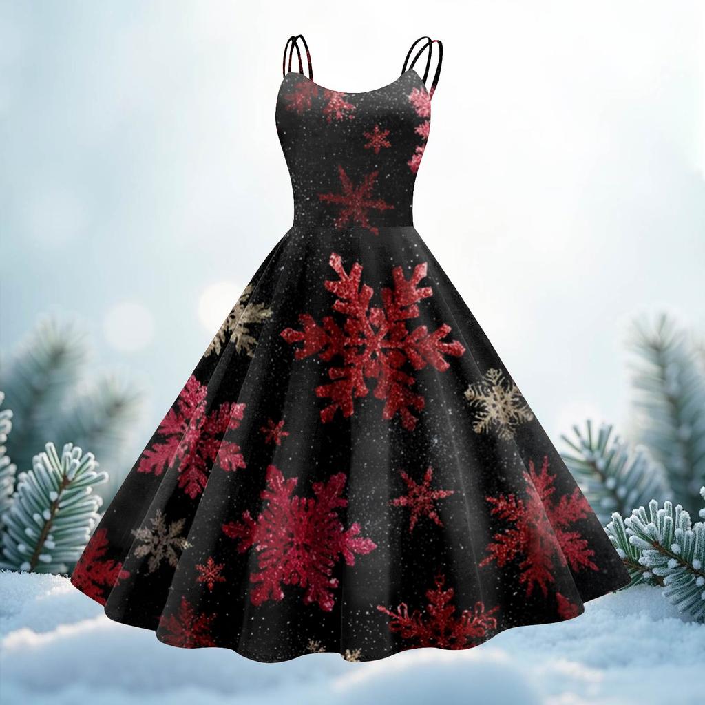 Women's Christmas Print Casual Fashion Round Neck Mid-Length Dress