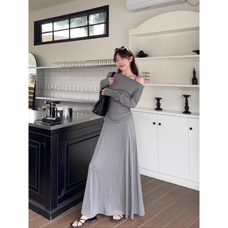 Kumikumi Idle Style Simple Solid Sling One Piece Dress Women Clothing Summer Elegant All-Match Waist Hugging Slimming Long Dress