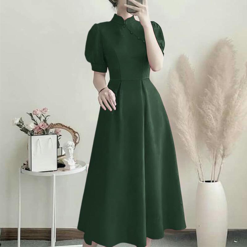 ZANZEA Women Casual Stand Collar Short Sleeve Solid Color Elegant Dress
