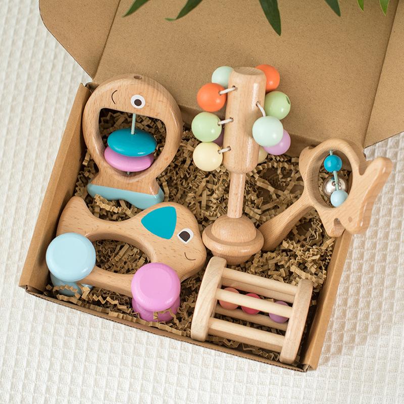 Wooden Children's Toy Baby Color Hand Bell Five-piece Bed Bell Music Early Education To Appease Baby Musical Instruments