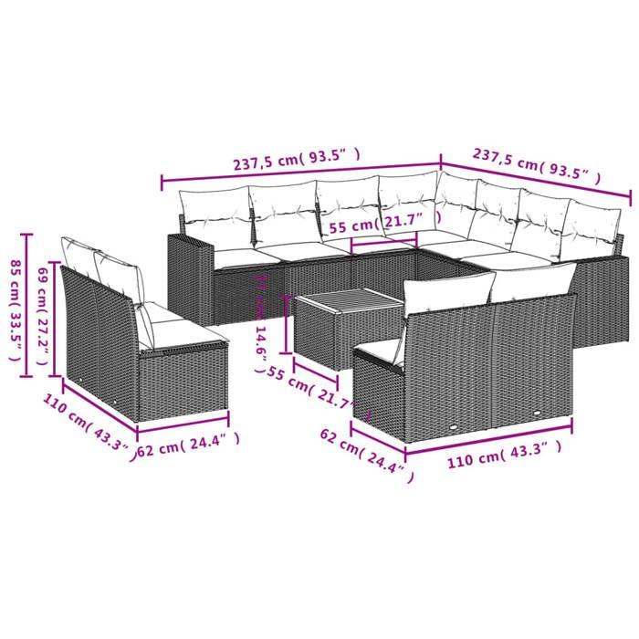VidaXL Salon de Jardin avec Coussins 12 pcs, Canapés de Terrasse, Ensemble de Meubles de Patio, Mobilier d'Extérieur, Noir 3224180