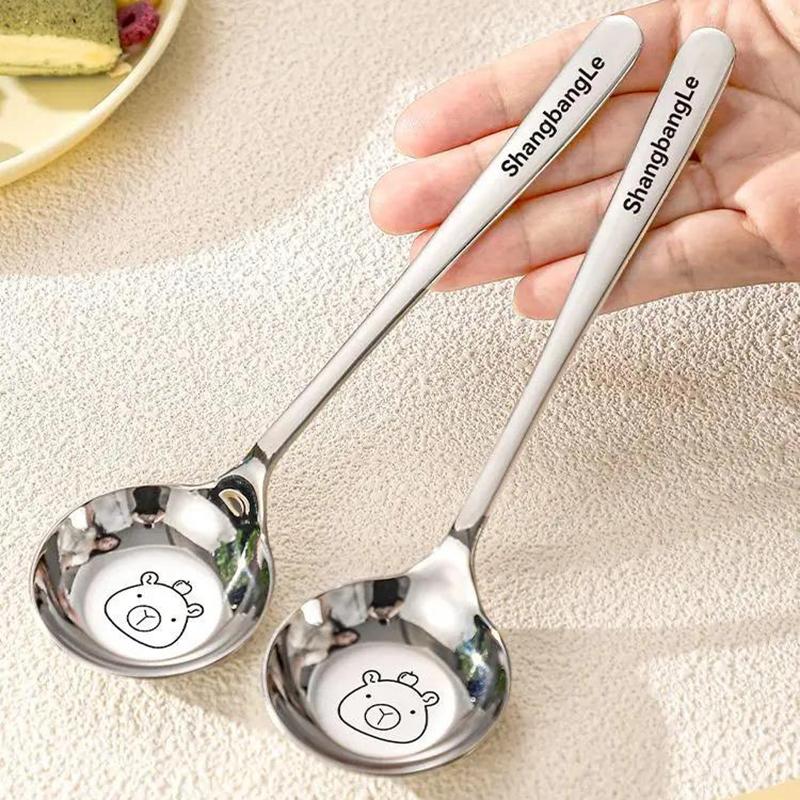 Cartoon Kapybala Stainless Steel Tableware Flat-Bottomed Spoon Chinese-Style Tablespoon For Children Thickened Soup Dinnerware
