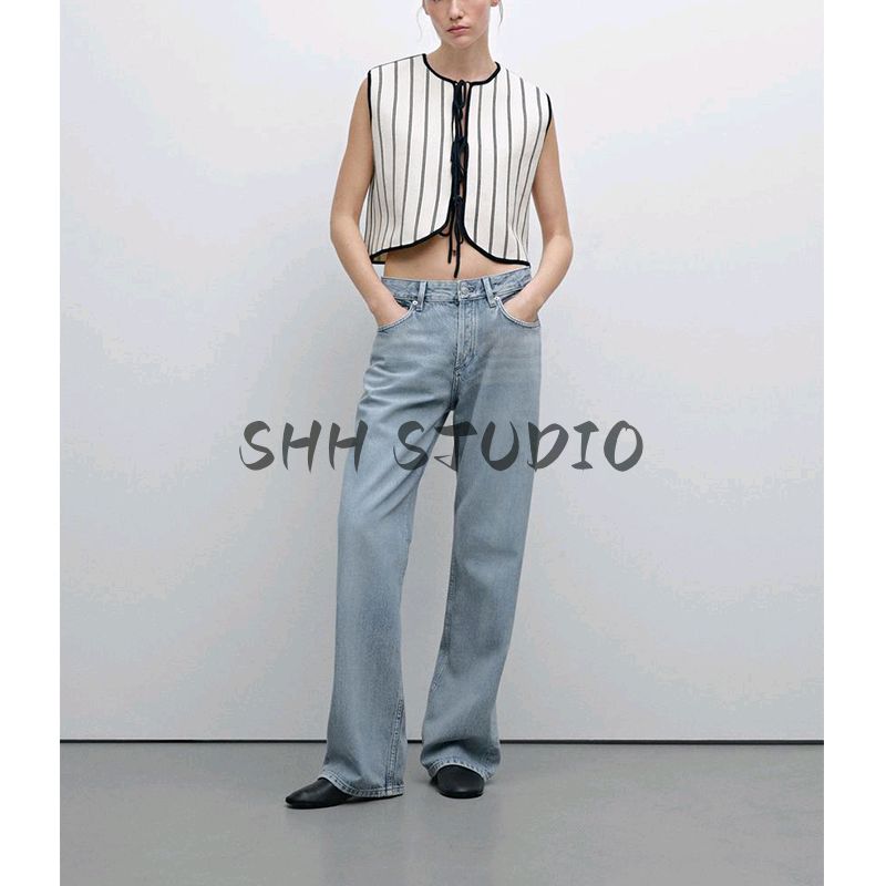 MD Spring and Summer Women's Clothing Intellectual Elegant Ol Commute Style Black and White Vertical Stripes Knitting Vest 5758676