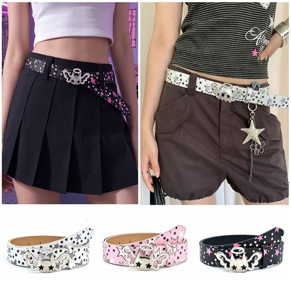 PU Leather Strap Star Print Belt Casual Y2K Waistband Decorative Jean Belt Mini Skirt Styling
