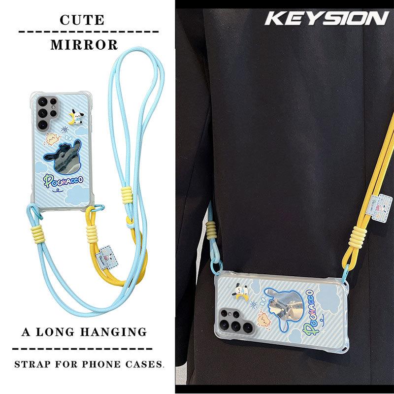 KEYSION Crossbody Strap Phone Case for Samsung S23 S24 S25 Ultra Cute Cartoon Long Lanyard Mirror Shockproof Cover for Galaxy S25 S24 S23 Ultra