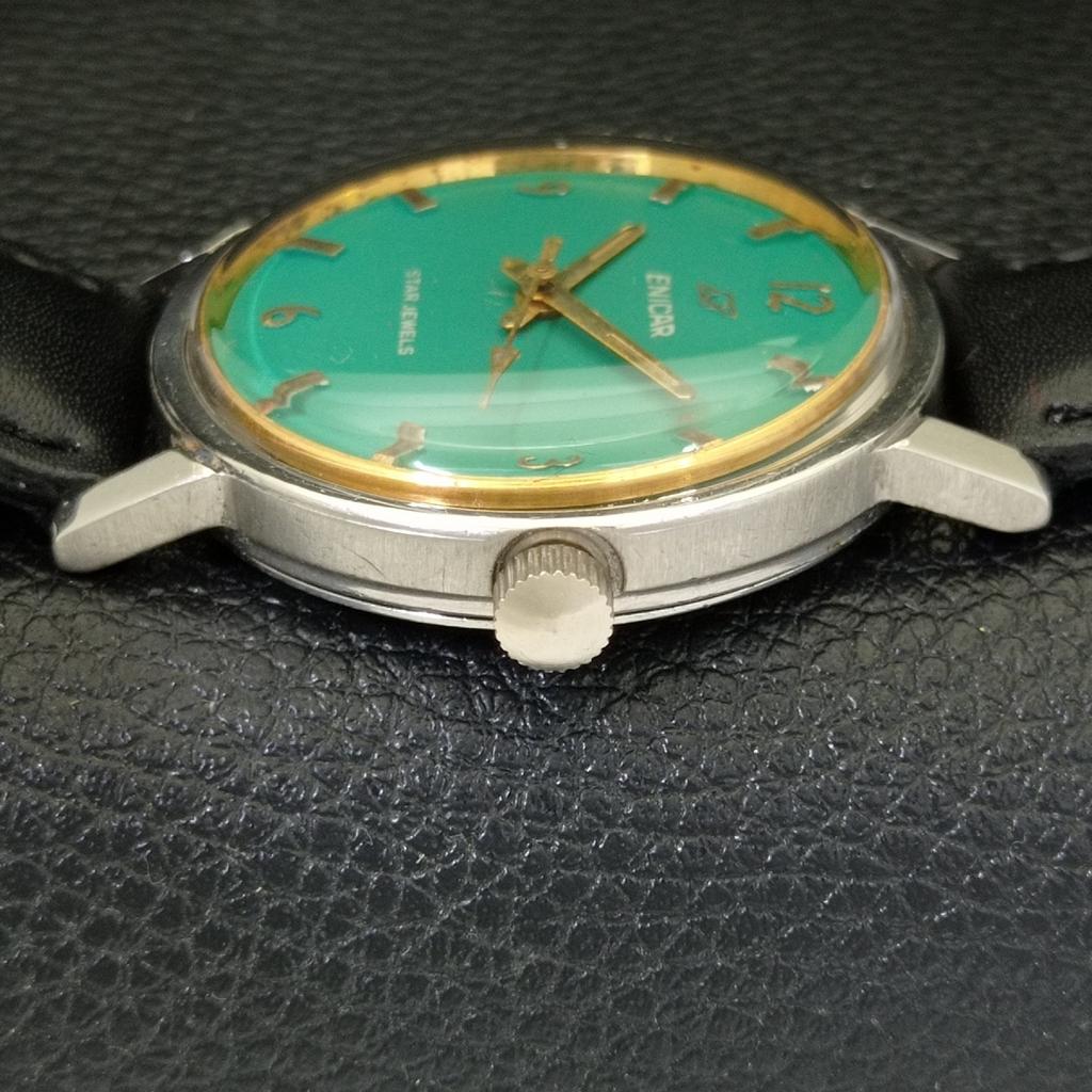 VINTAGE ENICAR STAR JEWELS HAND-WINDING 1140 SWISS MENS GREEN WATCH A702041-5 R208-a702041