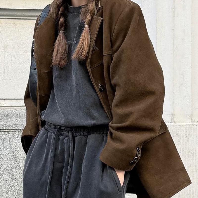 Hnědá matná sametová retro klopa volná semišová bunda podzim a zima maillard sako dámské