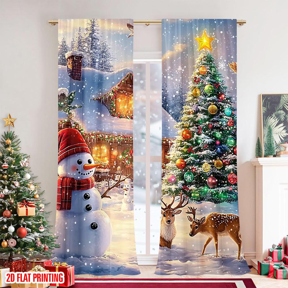 2 Stück 2D Flachdruck Frohe Weihnachten Fenstervorhänge Weihnachten_ Stoff Ohne Strom Vielseitig Perfekt für Innen