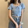 Square Collar Knitted Short-sleeved T-shirt for Women In Summer Niche Design Short Hot Girl Outfit Top