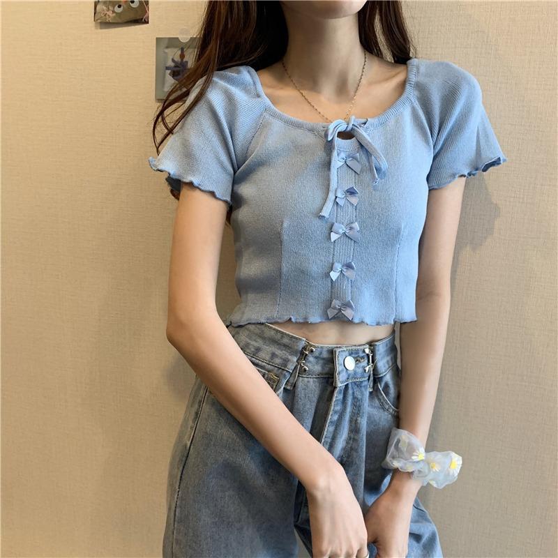 Square Collar Knitted Short-sleeved T-shirt for Women In Summer Niche Design Short Hot Girl Outfit Top