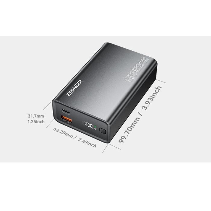 Essager 65W Power Bank 20000mAh PD Fast Charging Portable Battery Charger 3 Output Ports for iPhone 15 14 Pro Notebook Tablet