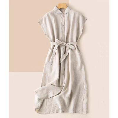 Solid Color Cotton and Linen Sleeveless Dress Women's Summer New Casual Waist Lapel Cotton Thin Temperament Medium and Long A-shaped Skirt