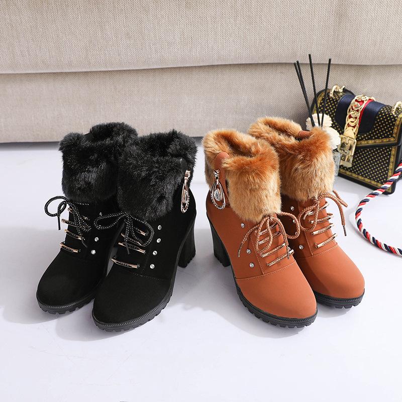 

New large size velvet thermal women s shoes round head thick heel high heel short tube flip edge side zipper boots 41 коричневий