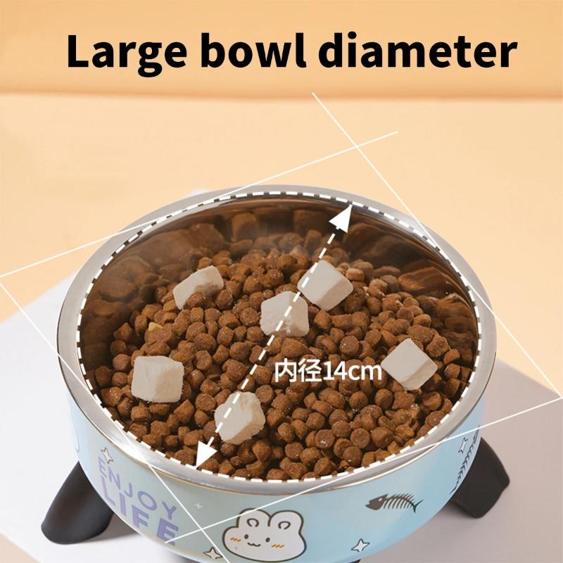 A cartoon printed high-legged pet bowl, large-capacity stainless steel dog bowl, neck-protecting cat bowl, universal fashion and