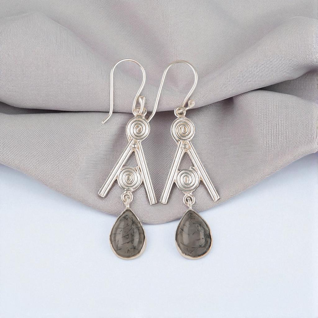 Rare Black Rutile Gemstone 925 Sterling Silver Jewelry Handcrafted Earrings 2.4" EE-86-23