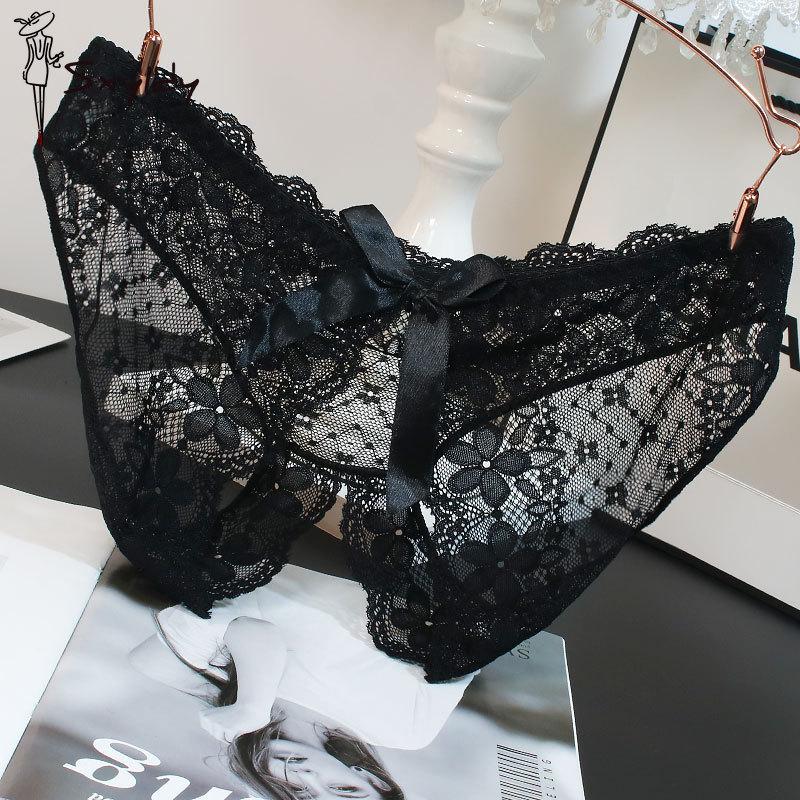 Women's Bow Lace Hollow Panties Low Waist Sexy Temptation Open Crotch Free To Take Off Briefs