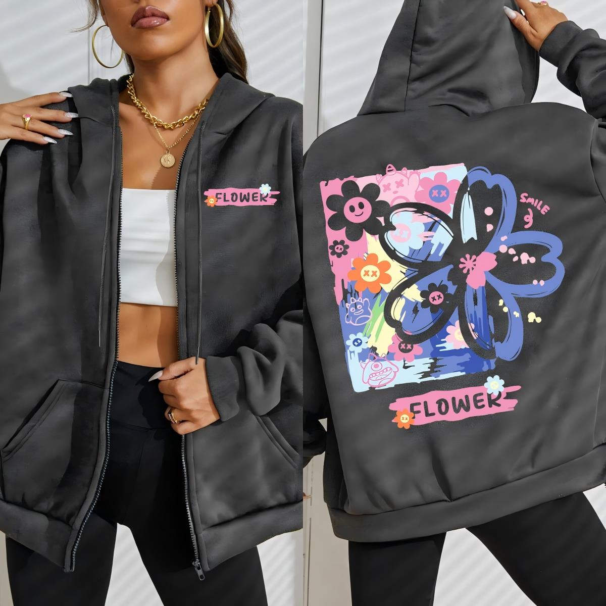 

Креативный дизайн граффити с цветами Женская толстовка на молнии Мода Уличная одежда Свободные повседневные худи Одежда Женская S