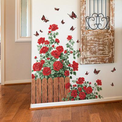 Rose Flower Bed Fence and Fluttering Butterfly Home Wall Decoration Stickers