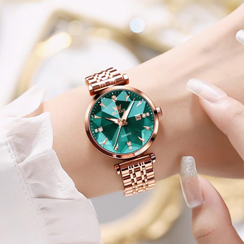 OLEVS Women's Quartz Watch with a Cute, Simple Dial, Easy-to-Read Date Display, Luminous, Waterproof, and a Perfect Valentine's Day Gift. Green.
