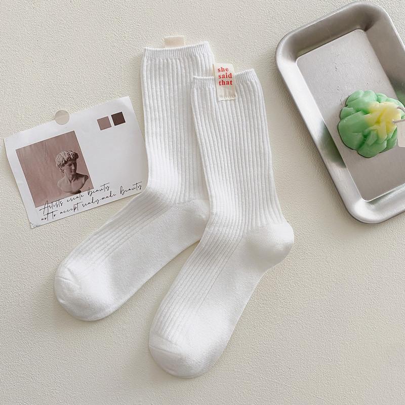 Internet Celebrity She Cloth Label Double Needle Socks Medium Socks Solid Color Stacked Socks