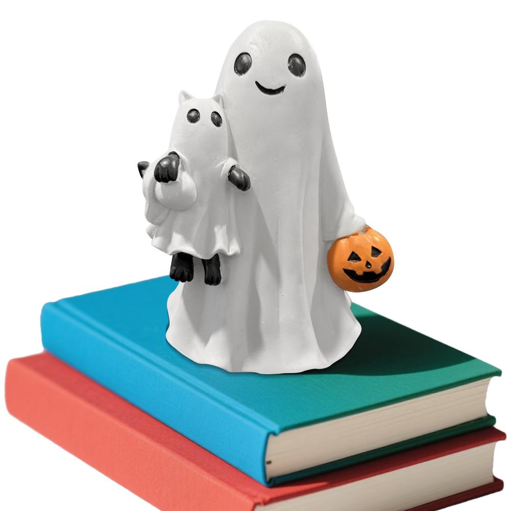 Halloween Ghost Tabletop Sculpture with Pumpkin Spooky Ghost Resin Figurine Hugging Cat for Home Holiday Decoration