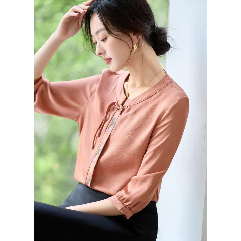 Oudifu Women s Chinese Style Retro 3/4 Sleeve Blouse 2XL