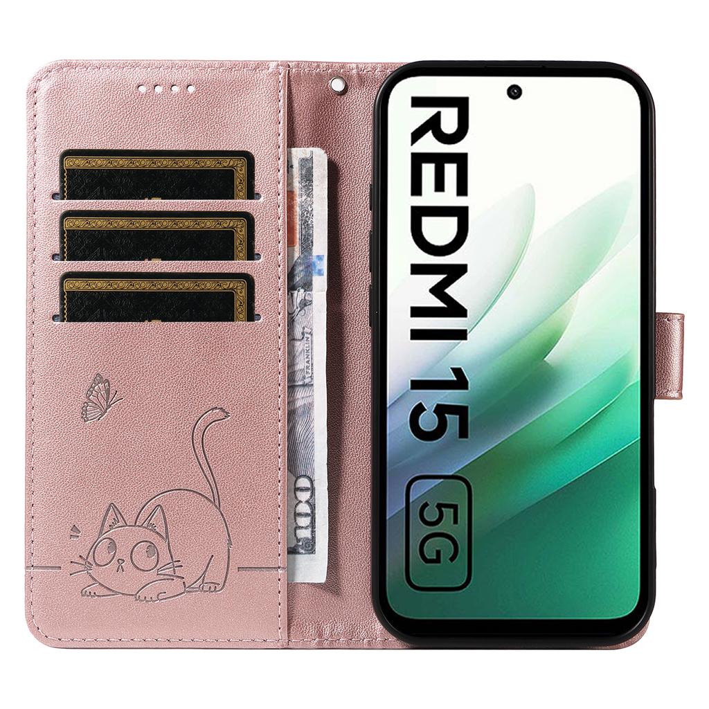 For Xiaomi Redmi 15 4G (EU) (171mm) Case Cat Pattern Imprint Leather Phone Cover with Wrist Strap
