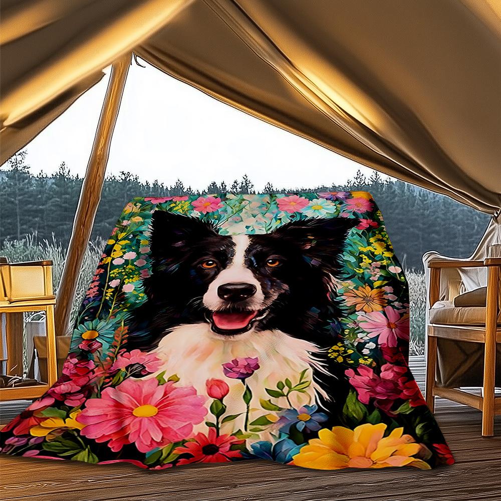 1pc Floral Border Collie Print Outdoor Soft Polyester Flannel Throw Blanket Versatile for All Seasons , Soft , Cozy , Warm All Season Quilted Throw ,