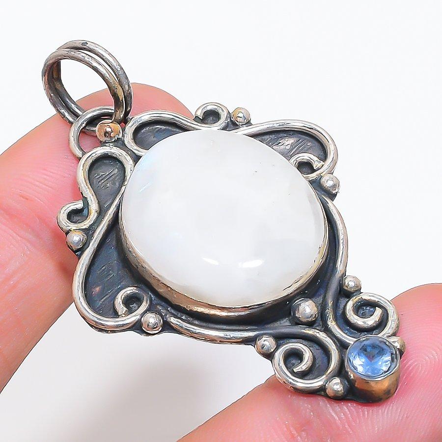 Натуральный лунный камень, Топаз Драгоценный камень 925 пробы Стерлинговое серебро Ювелирный кулон 2,36 AP-14083